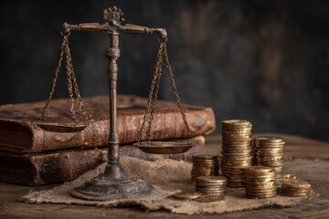 Antique balance scales with tarnished brass stacks of gold coins  aged books on rustic burlap