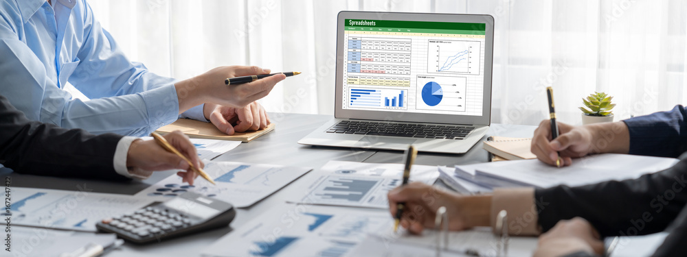 Poster business intelligence and data analysis concept. analyst team working on financial data analysis das