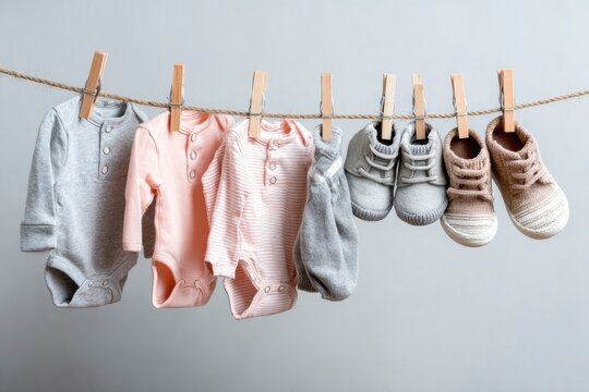 Baby clothes and shoes hang from a rope clothesline against a neutral wall secured with wooden clothespins