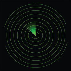 An abstract vector illustration depicts simplified neon green radar wave rings emanating outwards from a central dot, forming a series of glowing concentric circles.