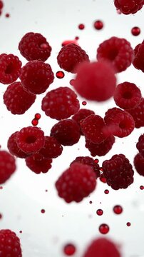 Ripe raspberries exploding on white background