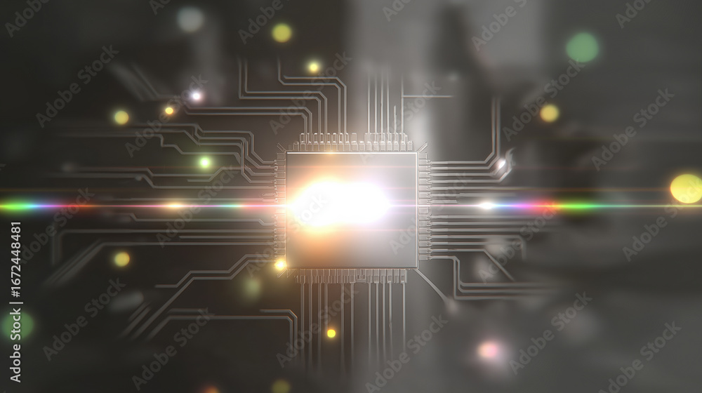 Aufkleber computer chip glowing in a high-tech environment during a digital light showcase