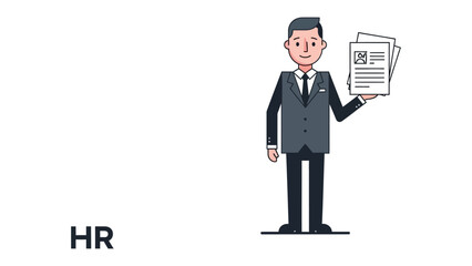 HR Recruitment: A professional individual, stands confidently, holding a stack of application documents, embodying expertise and reliability in the domain of Human Resources. 