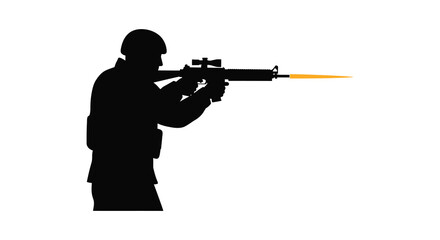 Soldier in silhouette aiming and firing a rifle with tracer bullet