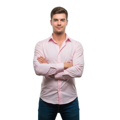 Confident young man in light pink dress shirt with arms crossed standing portrait transparent background