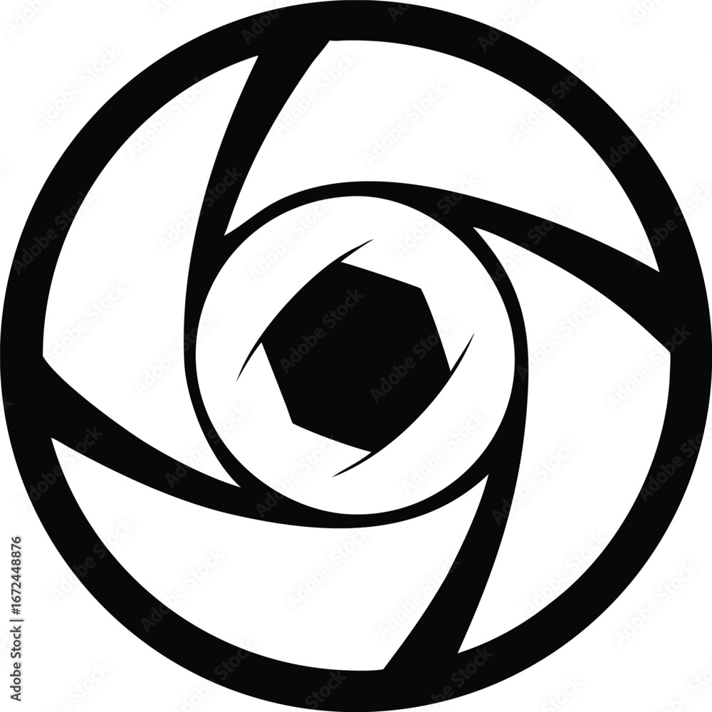 Poster abstract black and white circular design resembling a camera aperture or vortex on a white backgroun