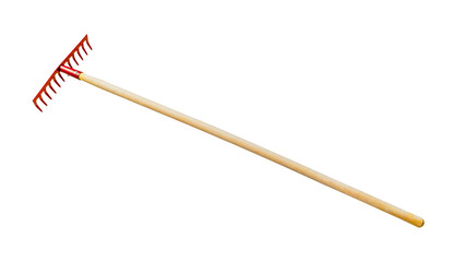 Bright red metal garden rake with a sturdy wooden handle on a transparent background.