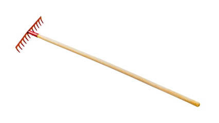 Bright red metal garden rake with a sturdy wooden handle on a transparent background.