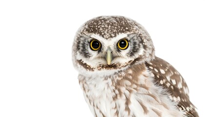 Tiny owl with wide yellow eyes and speckled brown and white plumage on white backdrop