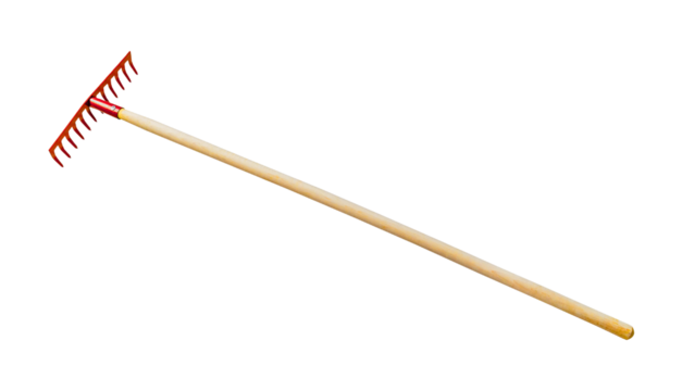 Bright red metal garden rake with a sturdy wooden handle on a transparent background.