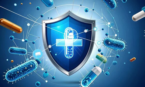 Abstract illustration of a protective shield graphic design with bright blue pills and capsules
