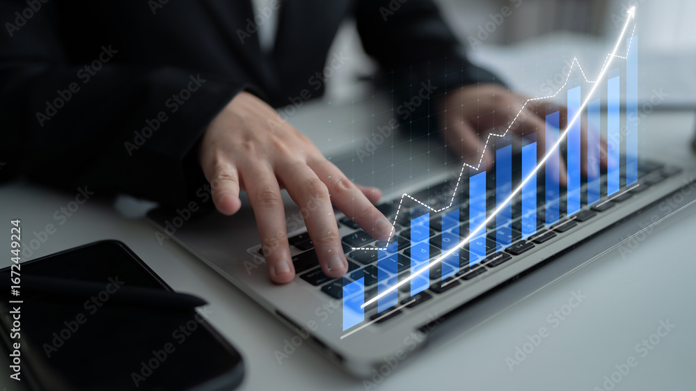 Poster a business professional engages with data on a laptop, demonstrating a modern approach to trend anal