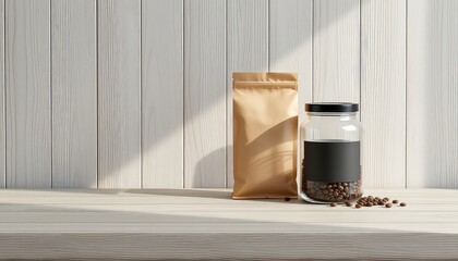 Coffee beans in a glass container with a blank label and a brown paper bag on a wood surface