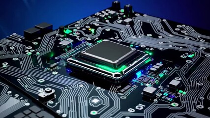 Central computer processors and motherboard digital chip with lights on blue background - Powered by Adobe