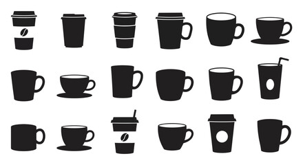 Black silhouettes of various coffee and tea cups on white background