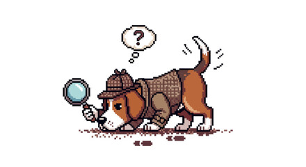 Obraz premium Curious pixel art beagle dog in a classic detective outfit, diligently searching for clues with a magnifying glass, embodying a fun and engaging investigation