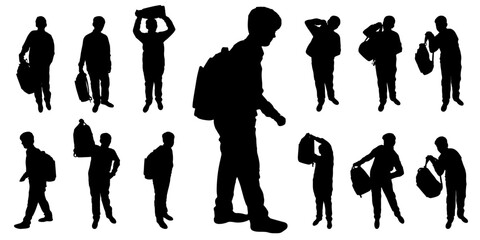 Set of silhouettes of school children carrying backpacks, walking and standing. Vector illustration.