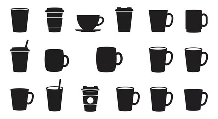 Collection of various black silhouettes of coffee and tea cups and mugs