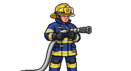 Obraz premium Pixel art illustration of a firefighter holding a hose, ready to extinguish a fire with a determined stance