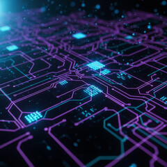 Fototapeta premium Abstract glowing circuit board with neon blue and purple lines and lights
