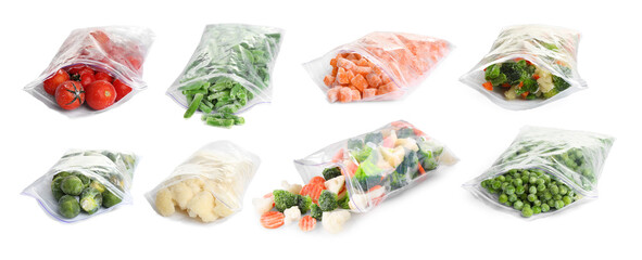 Different frozen vegetables in plastic bags on white background, set