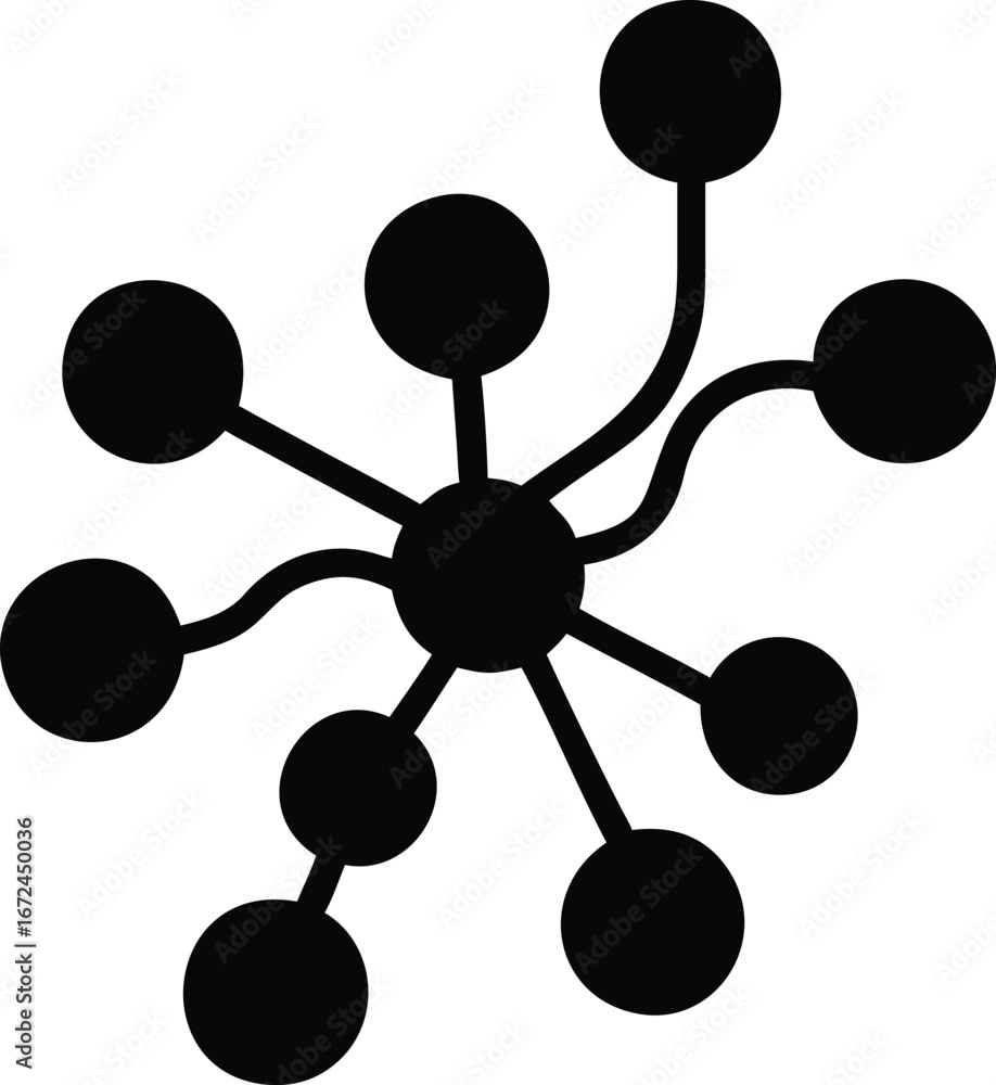 Poster black icon representing a network or molecular structure with a central hub and connected spheres on