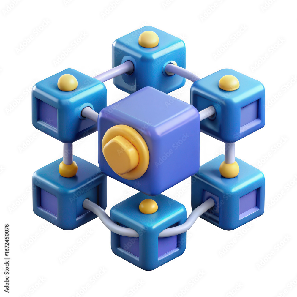 Aufkleber abstract 3d network structure with blue cubes and yellow spheres isolated on transparent background