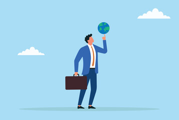 Vector illustration of a businessman balancing and spinning the globe on his finger, symbolizing control, global leadership, strategy, influence, and business success
