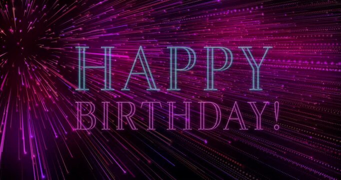 Animation of happy birthday ext over glowing light trails