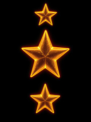 Obraz premium Three golden glowing stars sparkle brightly on a dark black background, arranged in a vertical line with a large central star.