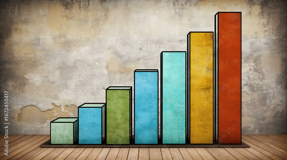Poster statistics display growth with colorful bars contrasting against a rustic background