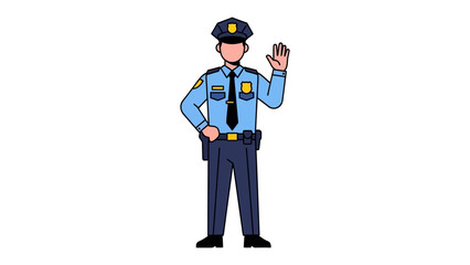 Respectful Police Officer: A cartoon police officer in full uniform, extending a welcoming hand, symbolizing protection and a pledge to serve in a digital illustration.
