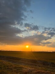 Sunset over golden fields with fence and colorful sky, A golden sunset over a grassy prairie with a rustic wooden fence,  Sunset over a barbed wire fence and rural field, golden light.