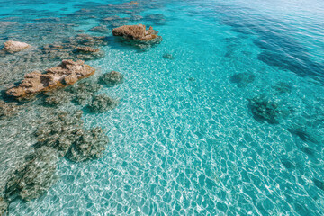 Obraz premium aerial view of ocean surface reveals stunning colors of coral reefs below