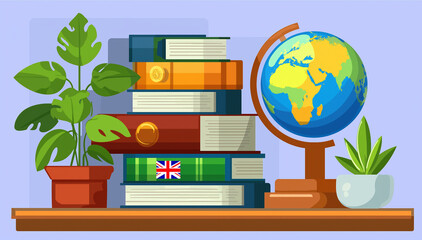 Colorful bookshelf with globe and plants in a study space for learning and exploration