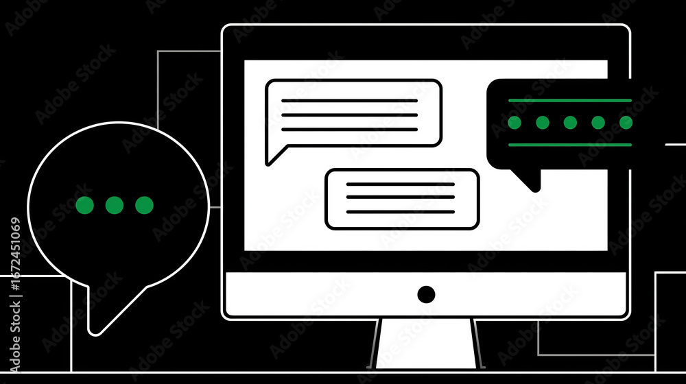 Poster communication on a screen with chat bubbles representing digital interaction and dialogue