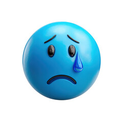 Fototapeta premium A sad blue emoji face with a tear droplet expressing disappointment isolated on transparent background