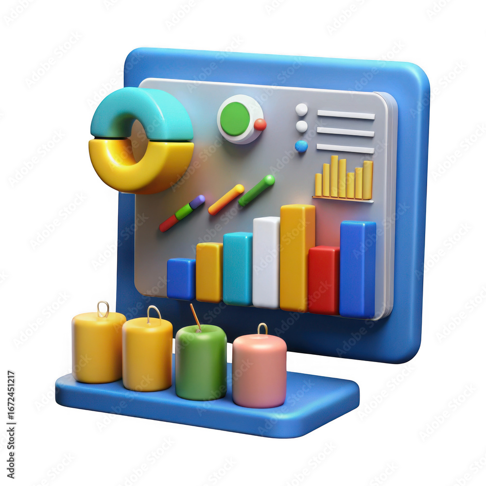 Poster 3d rendered business analytics dashboard with charts and graphs isolated on transparent background
