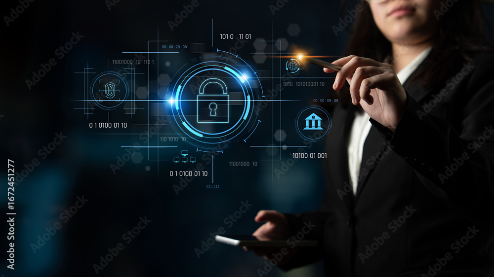 Aufkleber cybersecurity system interface with biometric lock and data protection. cybersecurity protects acces