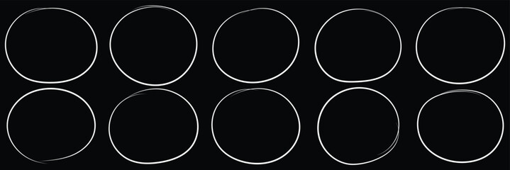 Hand drawn circle highlighter line sketch set. Vector marker circular lines, doodle round circles for message note mark design element isolated on black background.