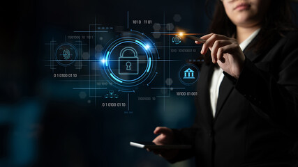 Cybersecurity system interface with biometric lock and data protection. Cybersecurity protects access, identity, cyber security prevents threats, and cyber security supports digital systems. Latch