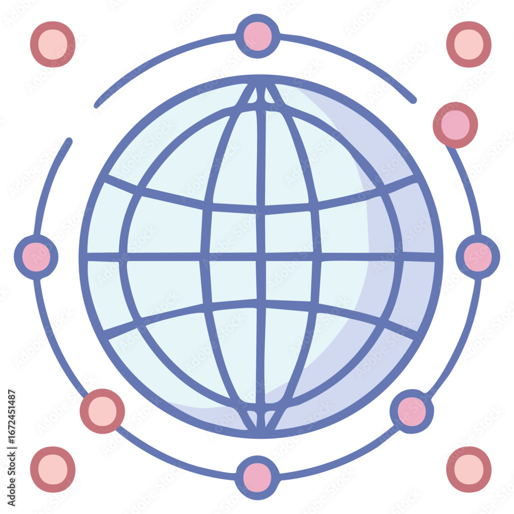 Poster global network connection with circular data points and orbiting particles