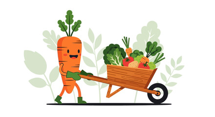 Cheerful Carrot Pushing Wheelbarrow Full Of Fresh Vegetables From Garden For Harvest
