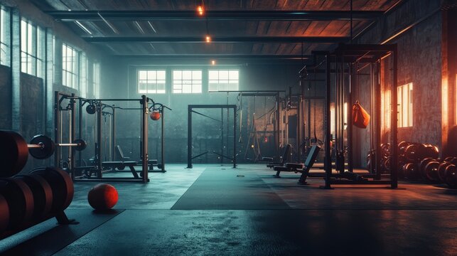 Industrial style gym interior with exercise equipment. - Powered by Adobe