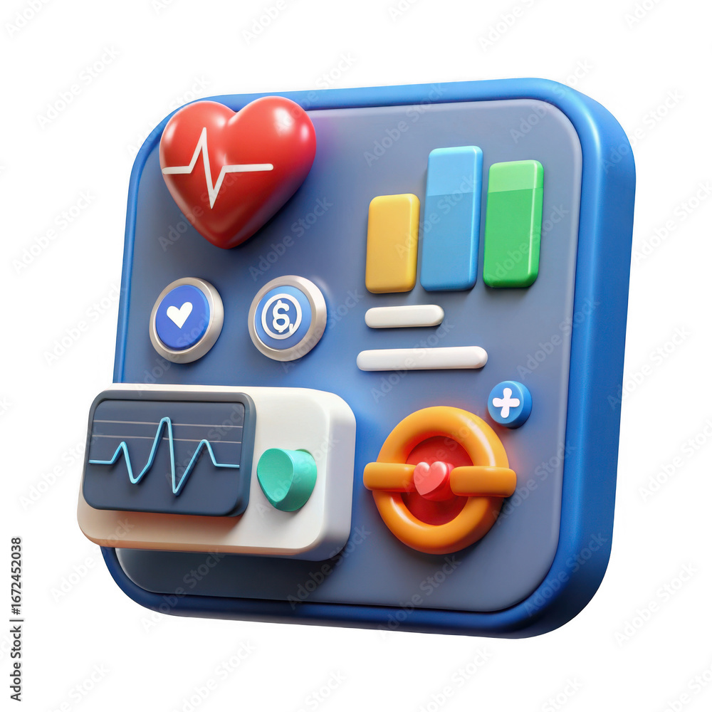 Poster 3d rendering of a medical health app interface with heartbeat and charts isolated on transparent background