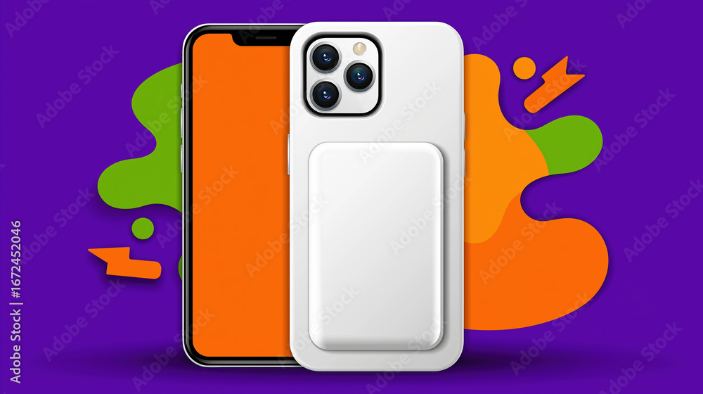 Poster mobile device with a charging accessory and colorful backdrop in a modern setting