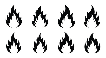 a set of black flame icons on a white background silhouette