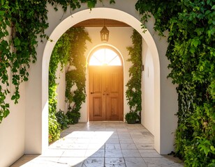 Fototapeta premium Sunlit archway entrance, flanked by lush greenery, leads to a wooden door