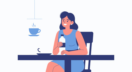 Charming Woman Enjoying Beverage At A Table Illustration With Minimalist Aesthetic