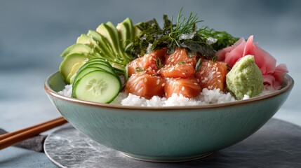 Vibrant poke bowl with salmon sashimi and avocado